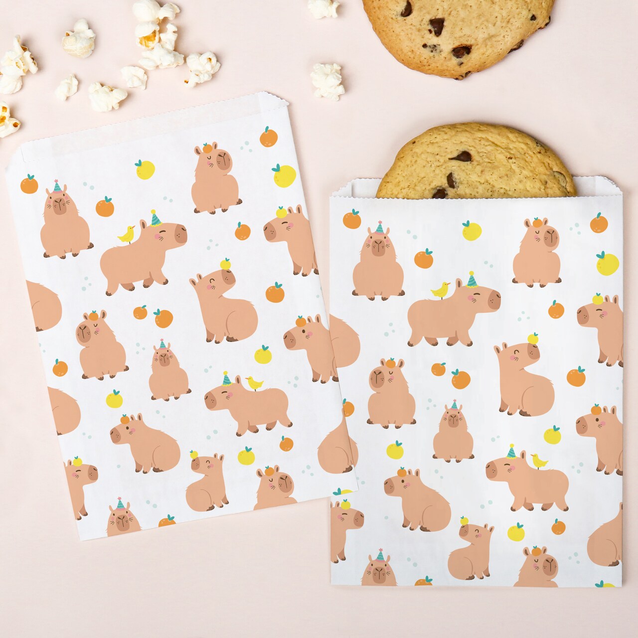 Big Dot of Happiness Capy Birthday Paper Treat Bags, Capybara Birthday Party Candy Bags, Greaseproof White Paper Sandwich Cookie Bags - 25 Count